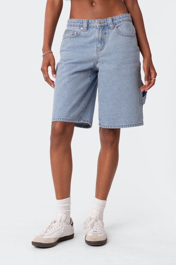 Edikted Low Rise Bermuda Denim Carpenter Shorts Light Blue