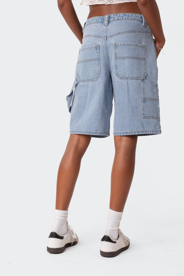 Edikted Low Rise Bermuda Denim Carpenter Shorts Light Blue