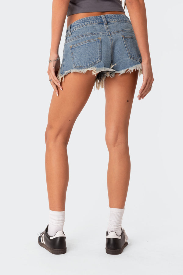 Edikted Low Rise Distressed Micro Denim Shorts Blue