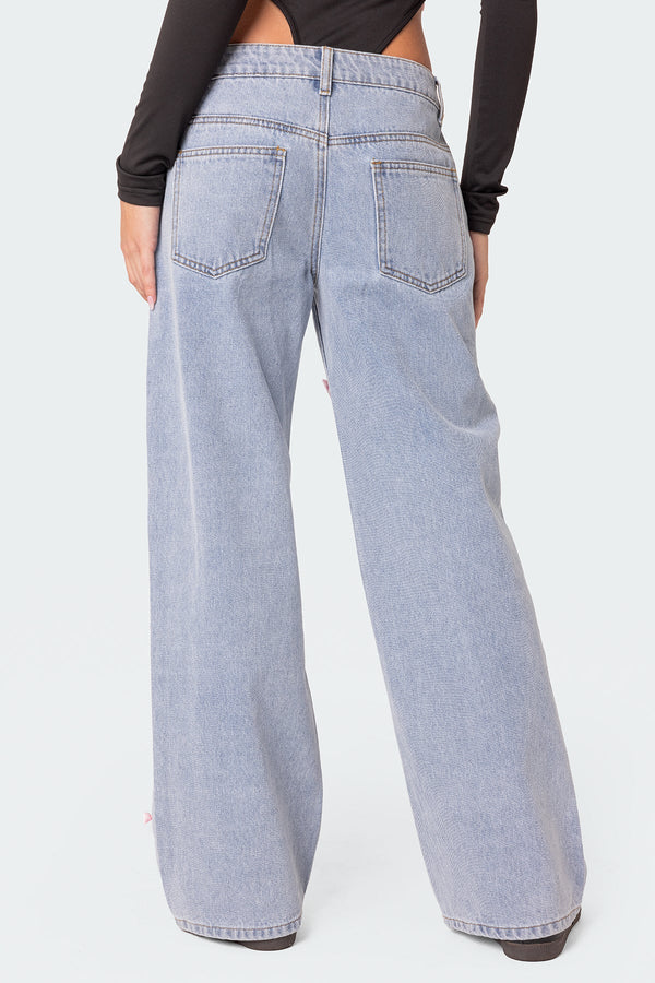 Edikted Lucille Low Rise Satin Effect Bow Jeans Light Blue