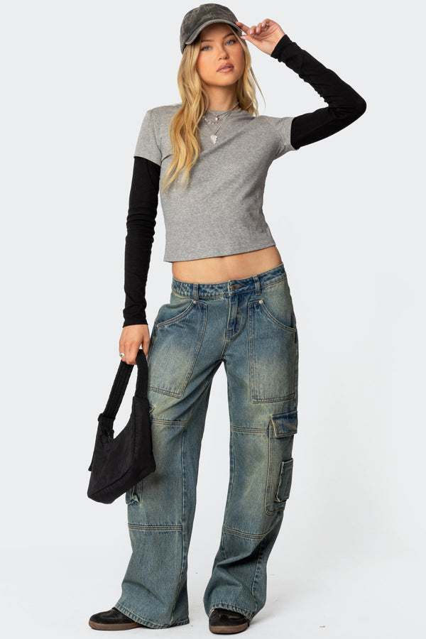 Edikted Lucine Layered Long Sleeve T Shirt Gray Melange