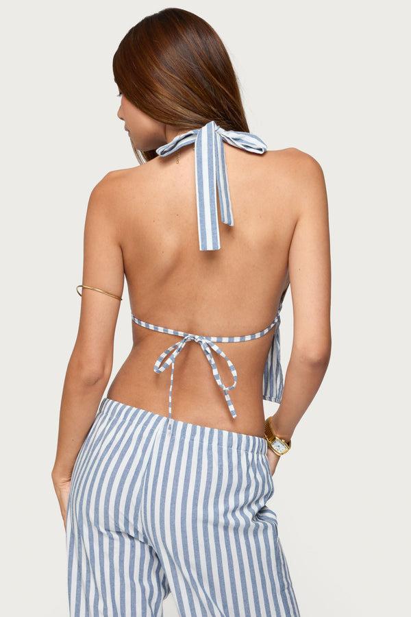 Edikted Macey Striped Split Front Backless Top Blue And White