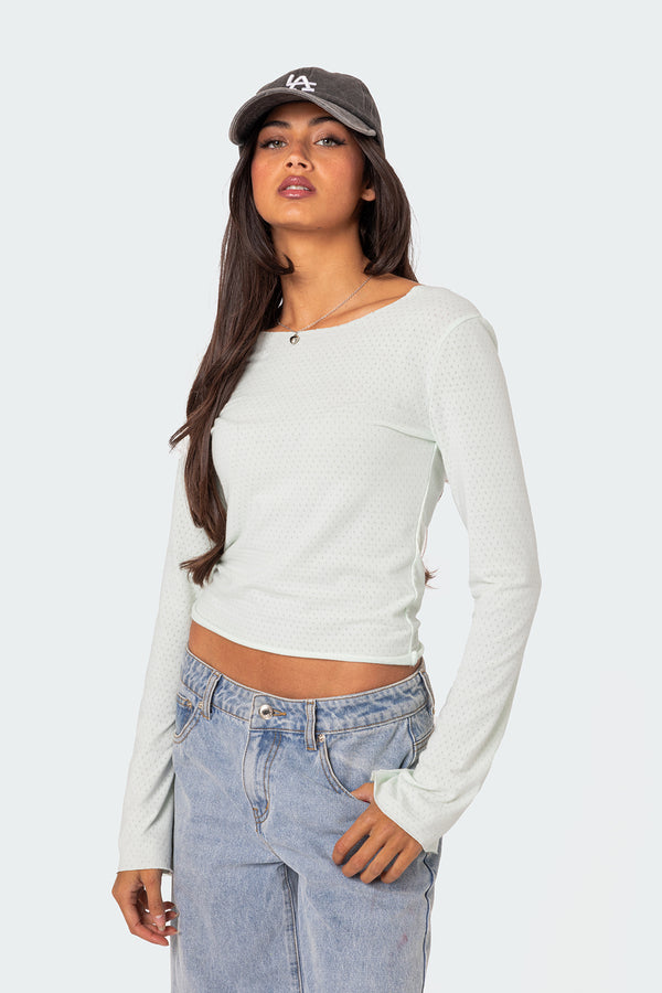 Edikted Maddison Pointelle Long Sleeve T Shirt Light Blue