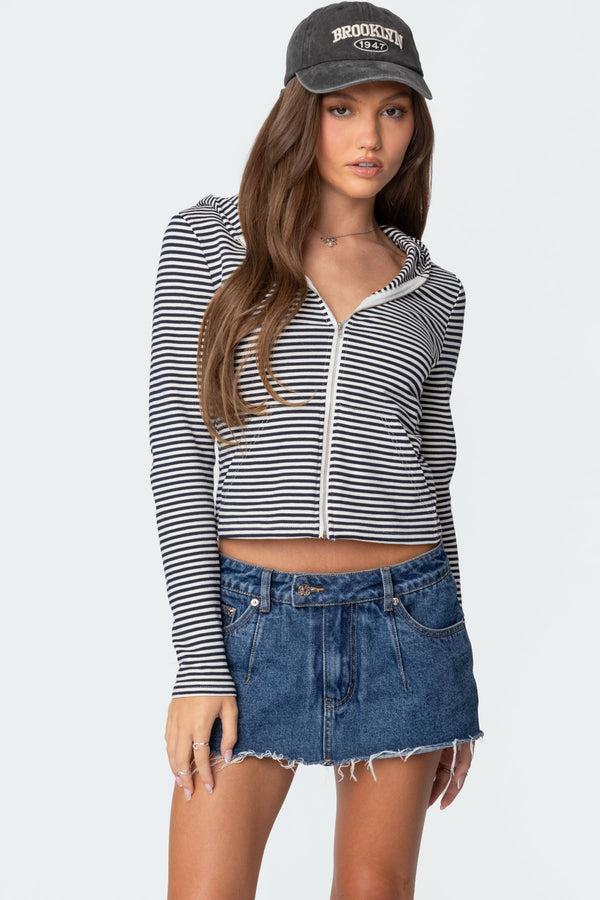 edikted Madison Striped Zip Up Hoodie navy and white