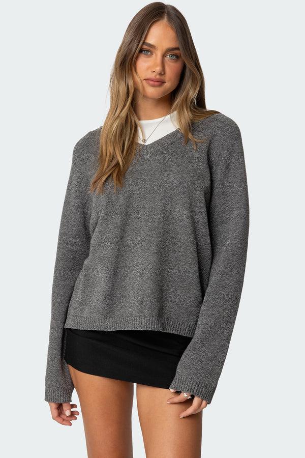 edikted Martha Oversized V Neck Sweater dark gray melange