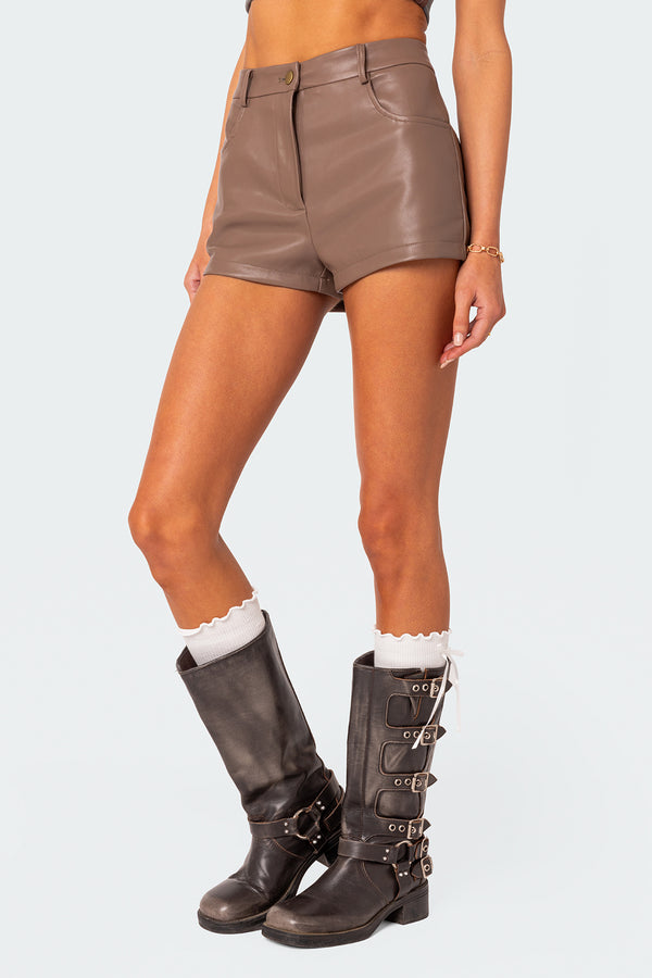 Edikted Martine High Rise Faux Leather Shorts Brown