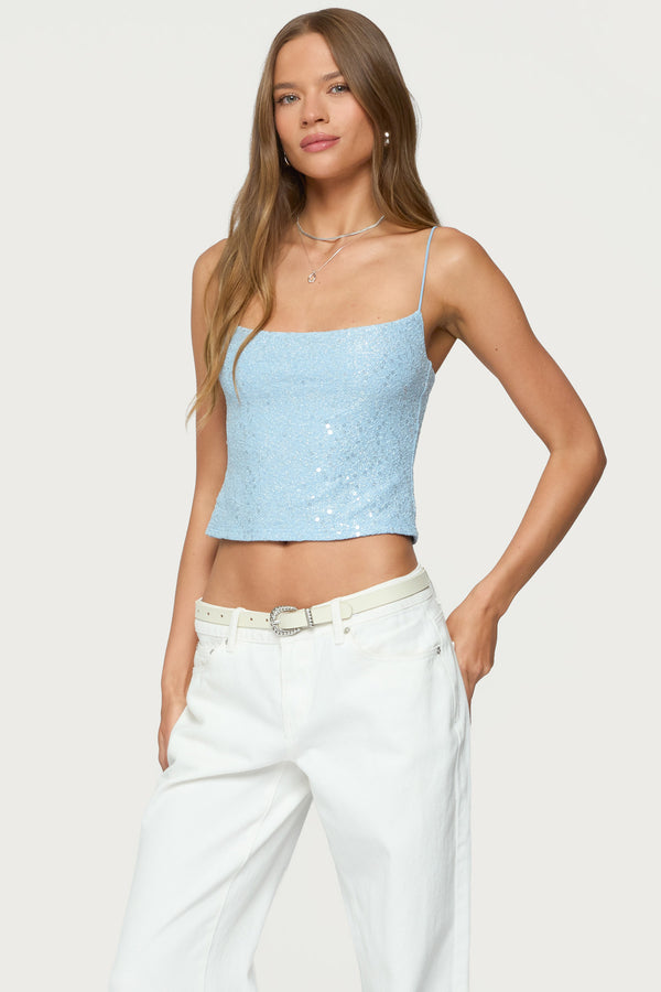 Edikted Metallic & Sequin Textured Tank Top Light Blue