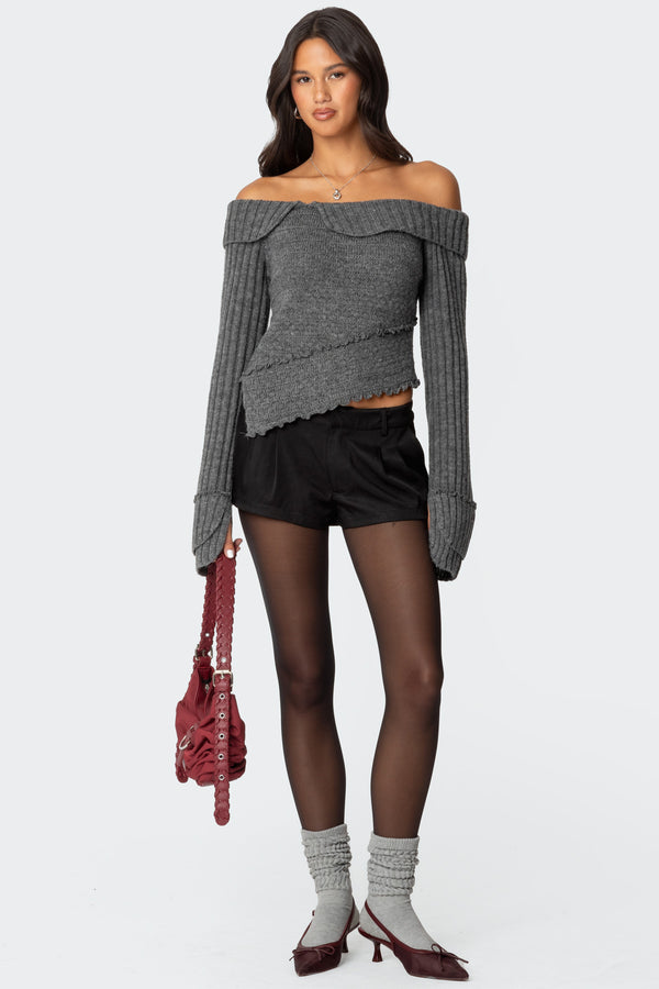Edikted Mikkie Asymmetric Fold Over Knit Top Dark Gray