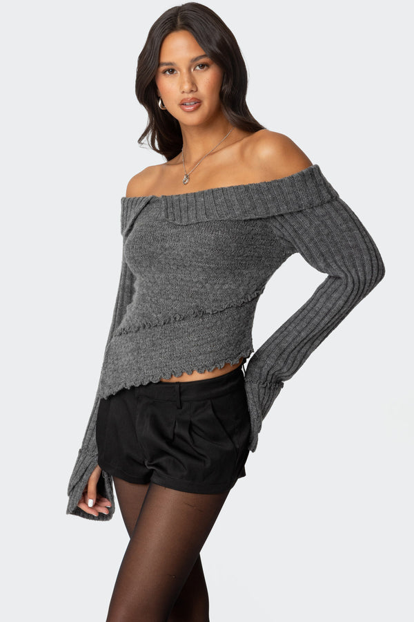 Edikted Mikkie Asymmetric Fold Over Knit Top Dark Gray