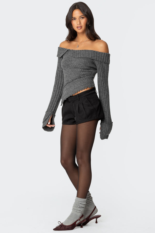 Edikted Mikkie Asymmetric Fold Over Knit Top Dark Gray