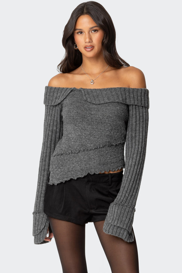 edikted Mikkie Asymmetric Fold Over Knit Top dark gray
