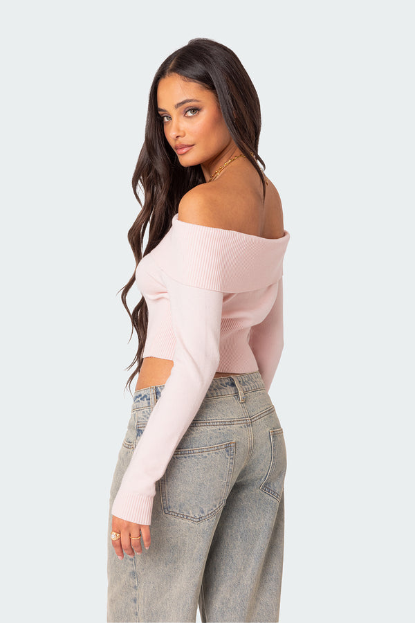 Edikted Minnie Cropped Fold Over Knit Top Light Pink