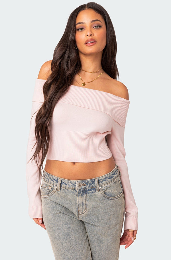 edikted Minnie Cropped Fold Over Knit Top light pink