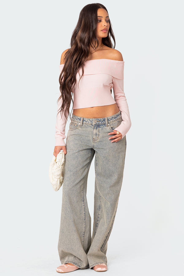Edikted Minnie Cropped Fold Over Knit Top Light Pink