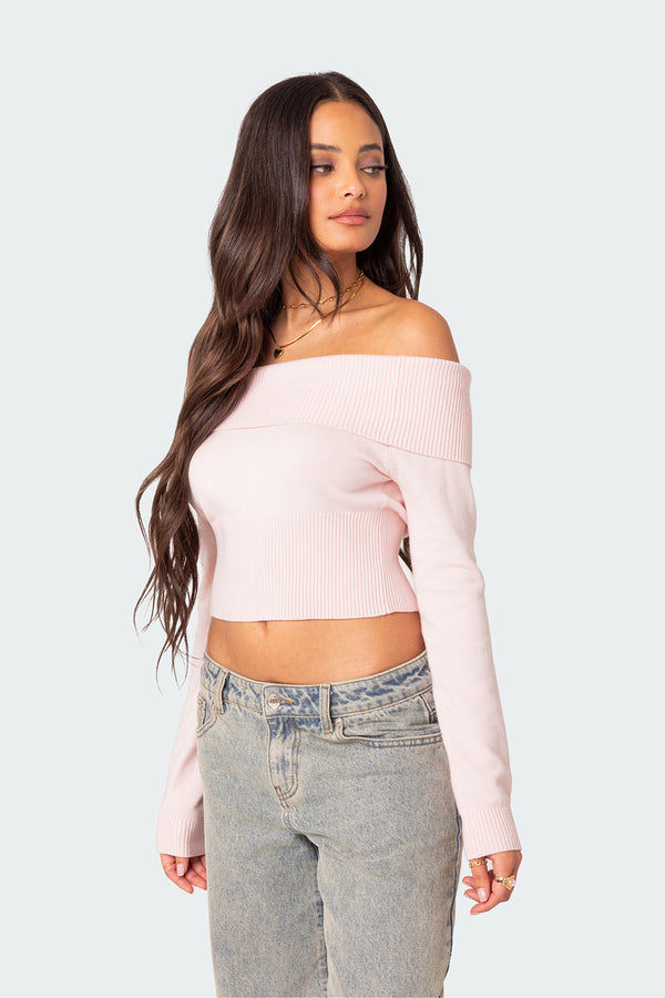 Edikted Minnie Cropped Fold Over Knit Top Light Pink