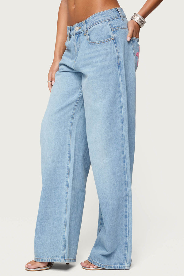 Edikted Mirra Embroidered Flower Low Rise Jeans Blue