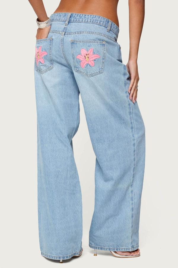 Edikted Mirra Embroidered Flower Low Rise Jeans Blue