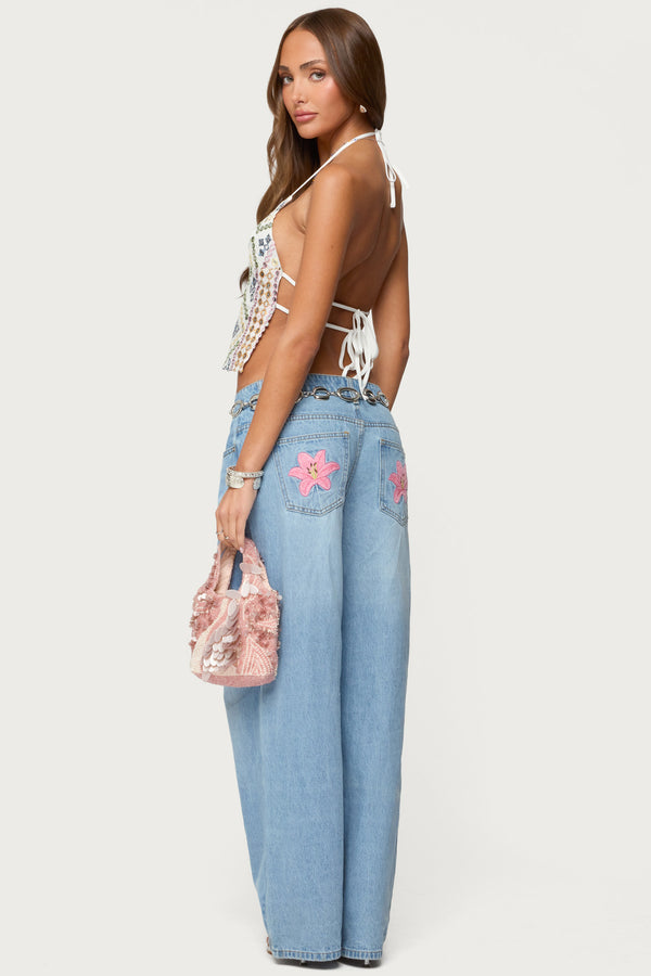 edikted Mirra Embroidered Flower Low Rise Jeans blue