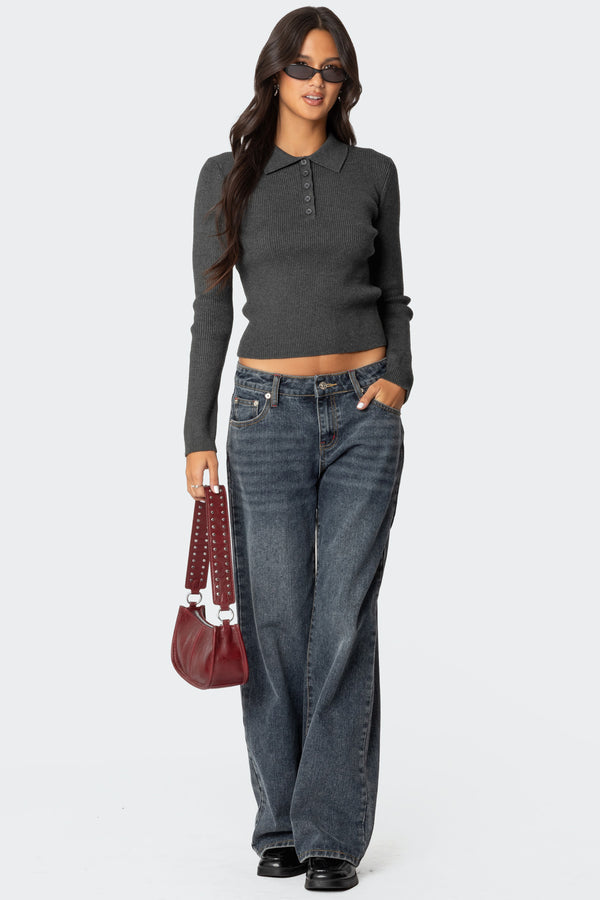 Edikted Mollie Collared Ribbed Knit Top Green Melange