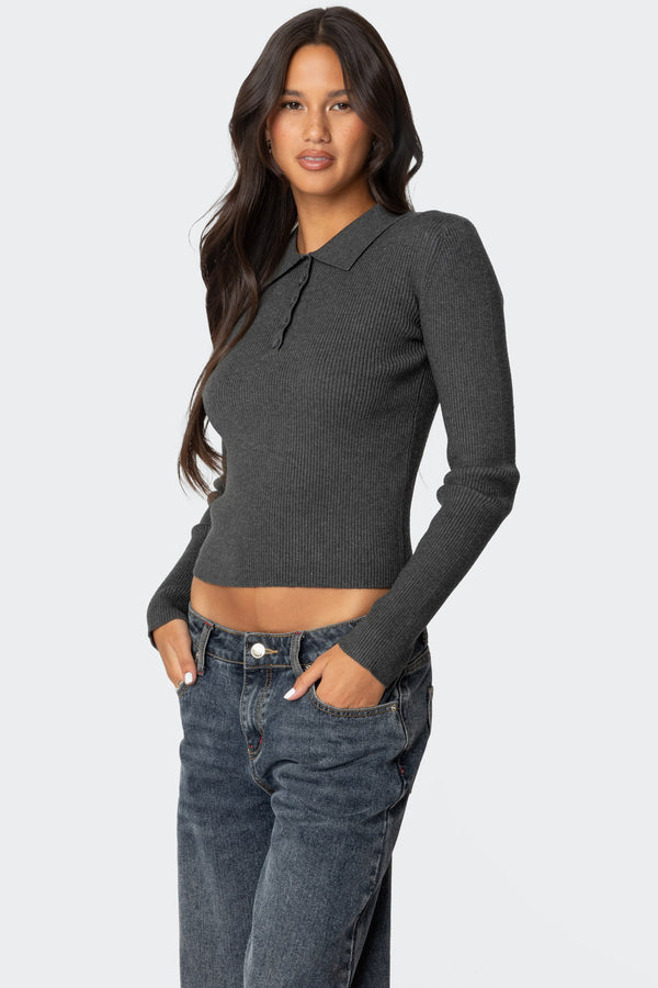 Edikted Mollie Collared Ribbed Knit Top Green Melange