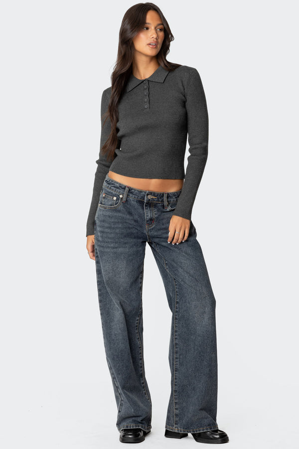 Edikted Mollie Collared Ribbed Knit Top Green Melange