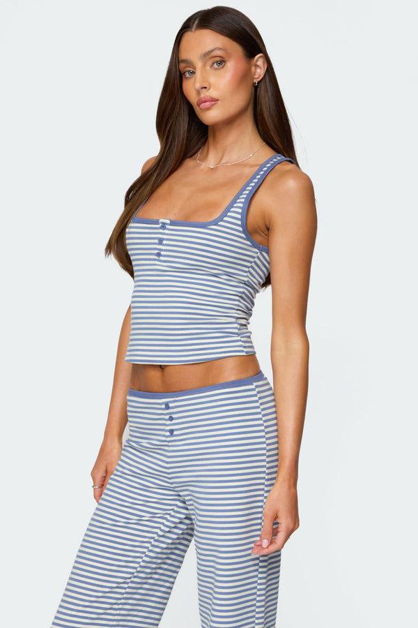Edikted Monti Striped Henley Tank Top Blue And White