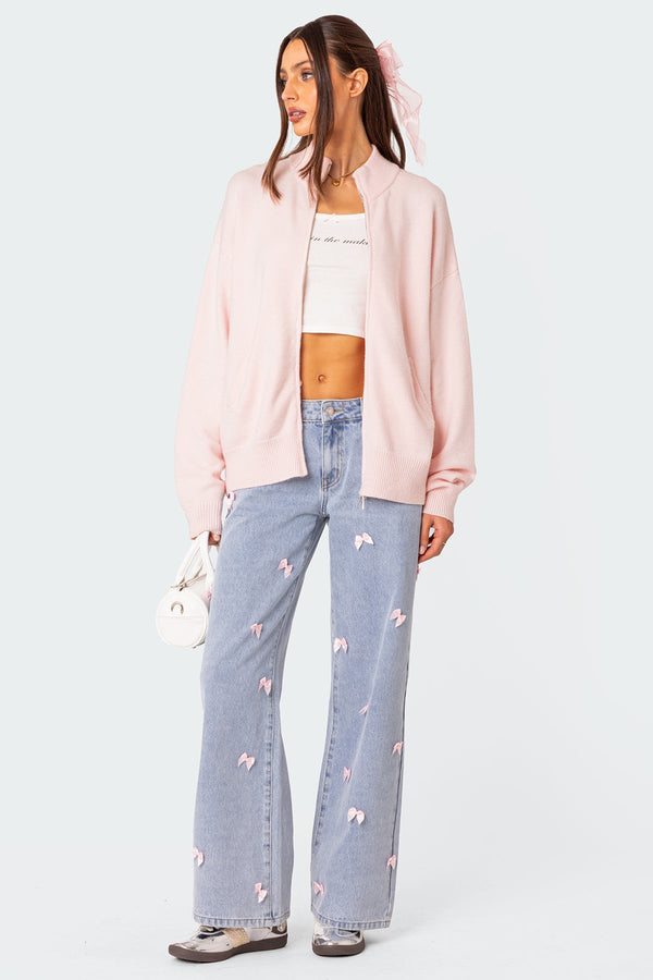 Edikted Montie Oversized Double Zip Cardigan Light Pink