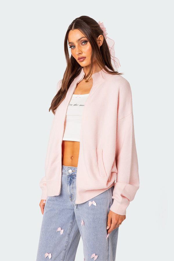 Edikted Montie Oversized Double Zip Cardigan Light Pink