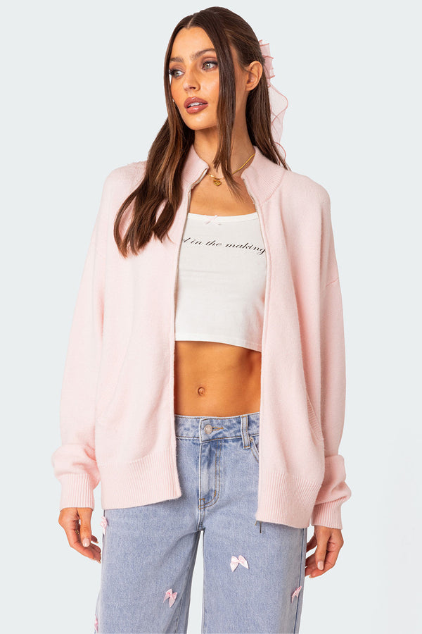edikted Montie Oversized Double Zip Cardigan light pink