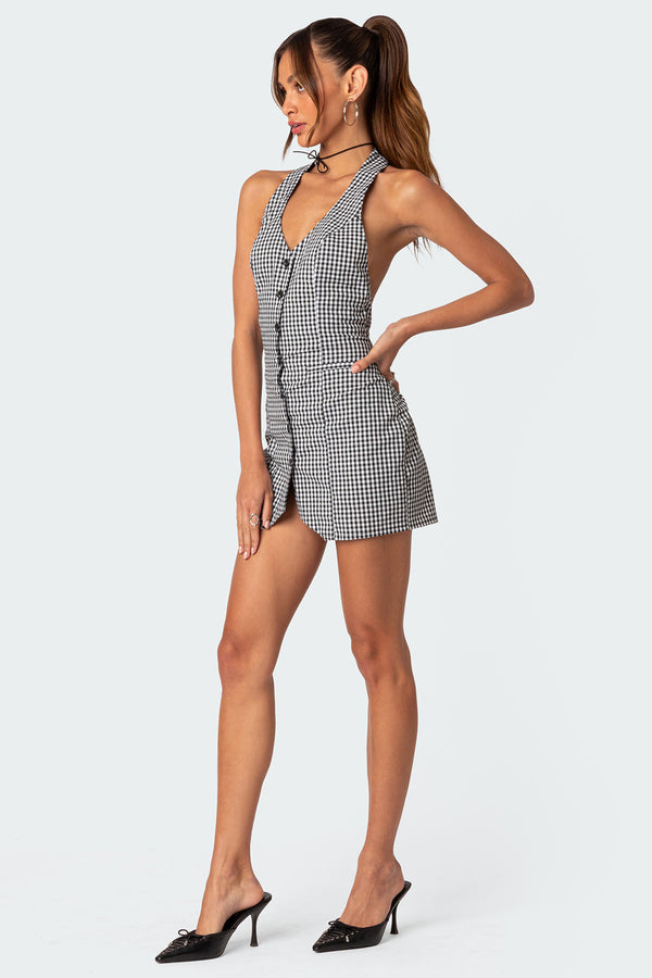 Edikted Narissa Gingham Open Back Mini Dress Black And White