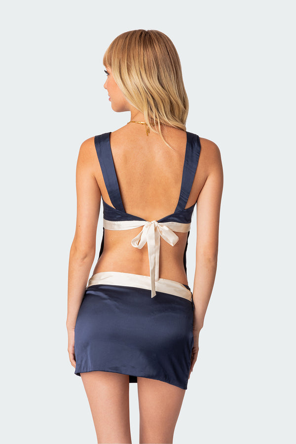 Edikted Natalia Ribbon Tie Satin Effect Open Back Top Navy