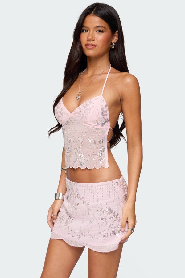 Edikted Nelley Backless Beaded Sequin Chiffon Top Light Pink