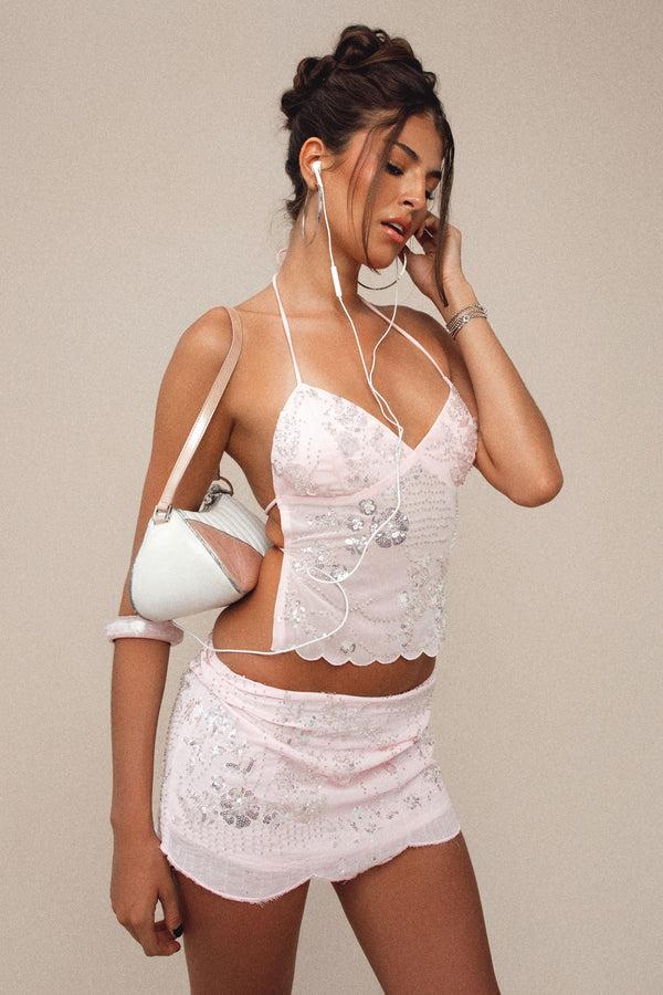 edikted Nelley backless beaded sequin chiffon top light pink