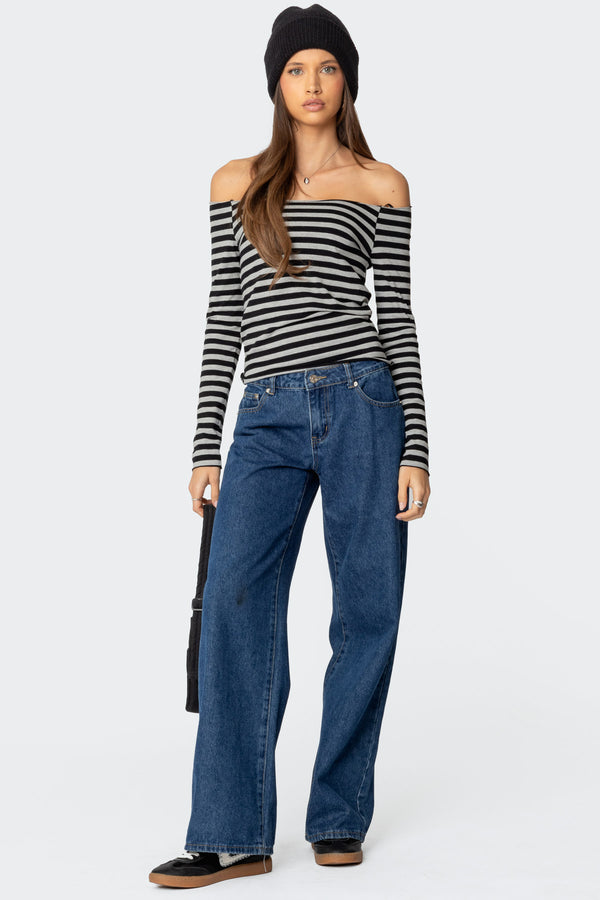 Edikted Nelligan Striped Off Shoulder Top Gray Melange