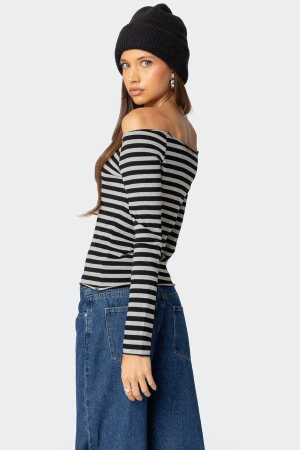 Edikted Nelligan Striped Off Shoulder Top Gray Melange