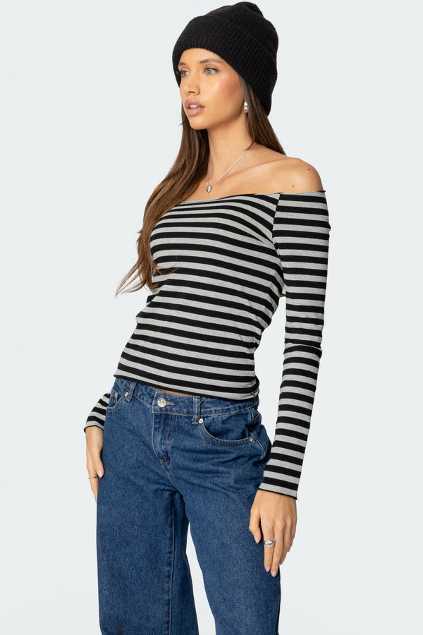 Edikted Nelligan Striped Off Shoulder Top Gray Melange