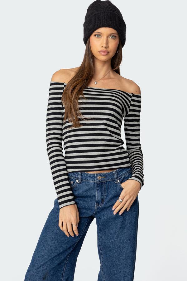 edikted Nelligan Striped Off Shoulder Top gray melange