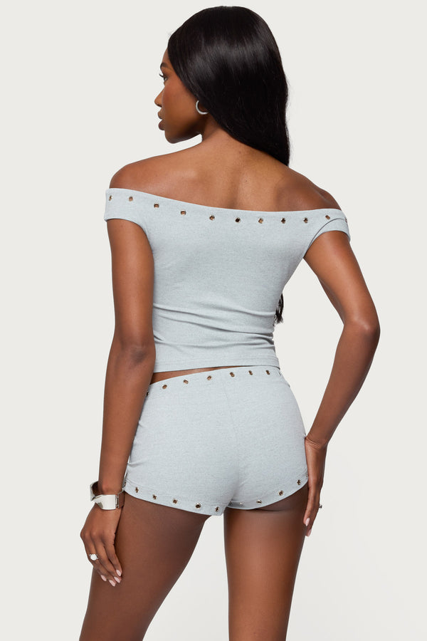 Edikted Neriah Grommet Off Shoulder Top Gray Melange