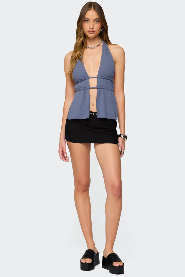 Edikted Nikole Split Front Backless Halter Top Blue
