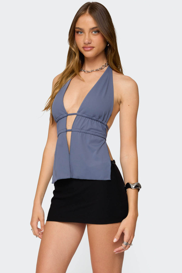 Edikted Nikole Split Front Backless Halter Top Blue