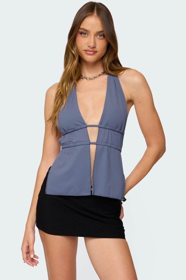 edikted Nikole Split Front Backless Halter Top blue