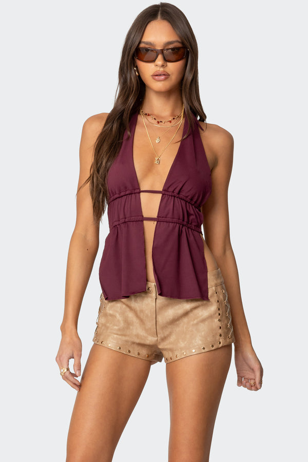 edikted Nikole Split Front Backless Halter Top burgundy
