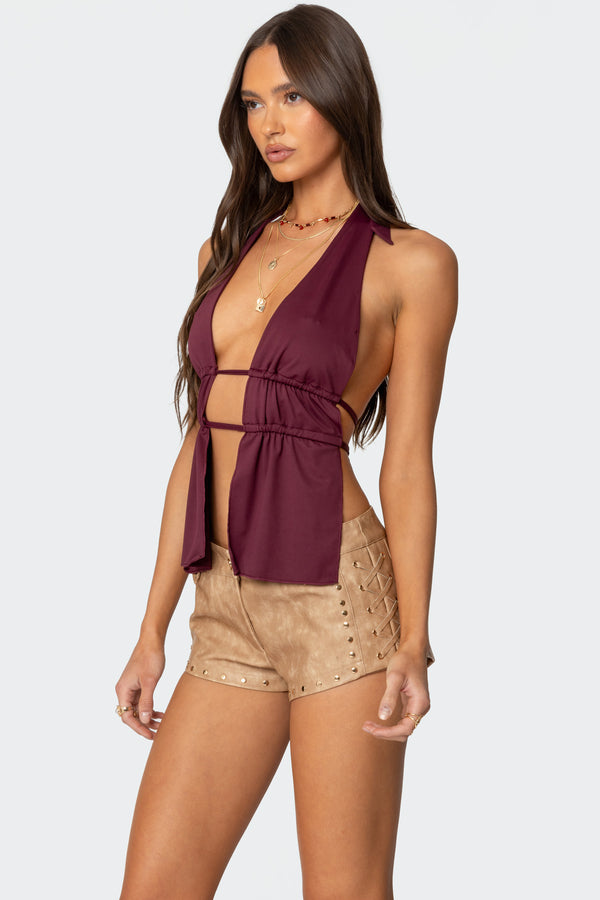 Edikted Nikole Split Front Backless Halter Top Burgundy