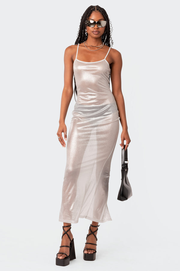Edikted Nyla Sheer Glittery Back Slit Maxi Dress White