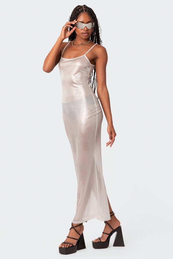 Edikted Nyla Sheer Glittery Back Slit Maxi Dress White