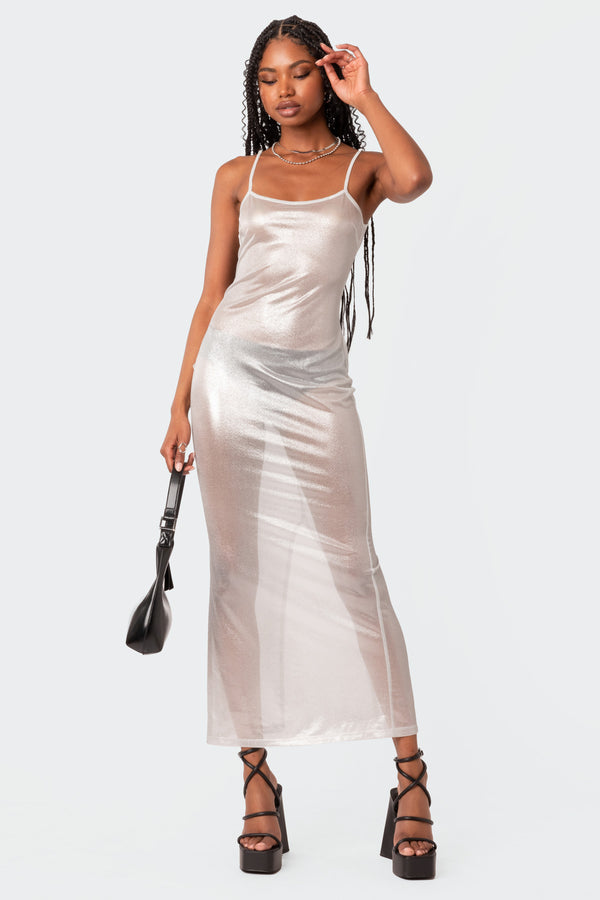 edikted Nyla Sheer Glittery Back Slit Maxi Dress white