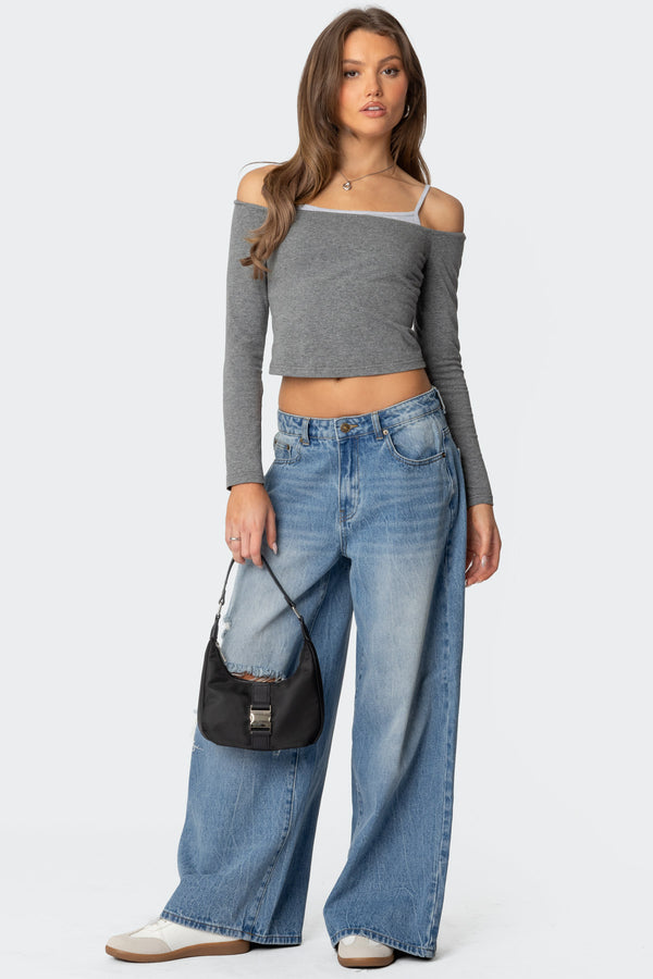 Edikted Off Shoulder Layered Long Sleeve T Shirt Gray Melange