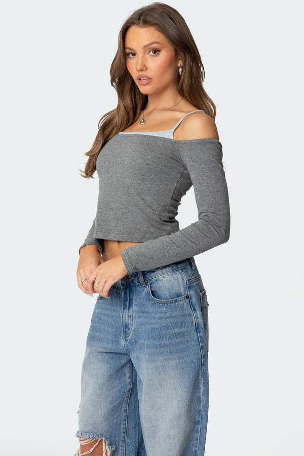 Edikted Off Shoulder Layered Long Sleeve T Shirt Gray Melange