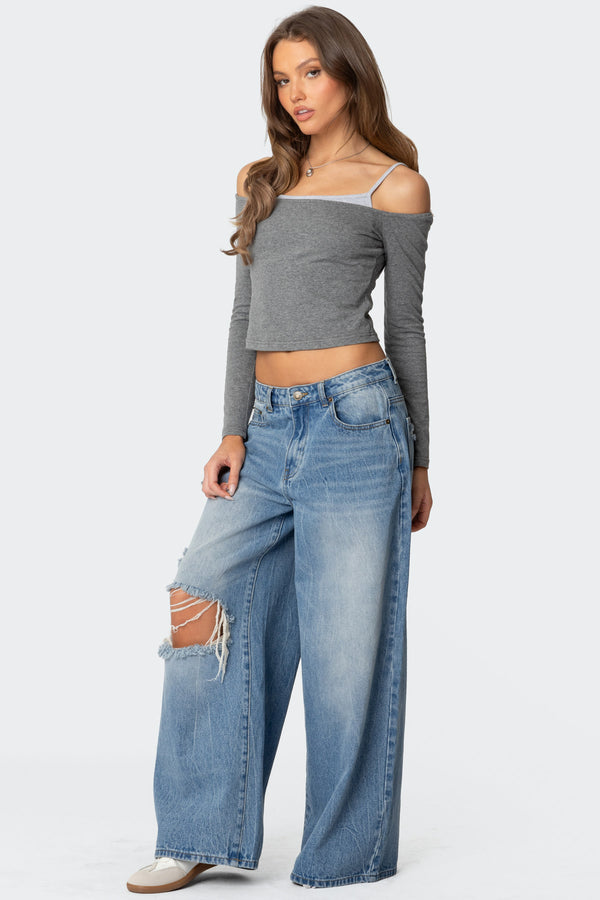 Edikted Off Shoulder Layered Long Sleeve T Shirt Gray Melange
