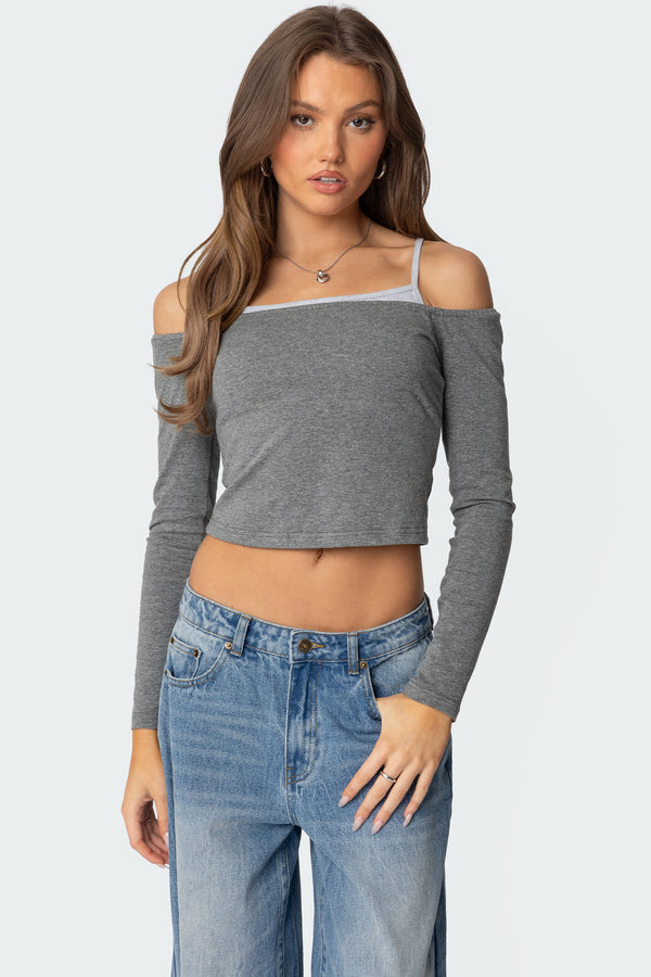 edikted Off Shoulder Layered Long Sleeve T Shirt gray melange